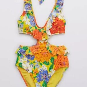 AERIE Floral Ruffle Swimsuit with Cut out designs Yellow Orange Sz. XL
